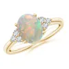 Angara Tapered Shank Oval Opal Ring With Trio Diamond Accent In Yellow Gold/milky With High Play Of Colour