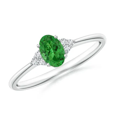 Angara Tapered Shank Oval Tsavorite Ring With Trio Diamond Accent In Metallic