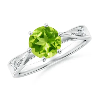 Angara Tapered Shank Peridot Solitaire Ring With Diamonds In Metallic