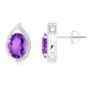 Angara Teardrop Framed Oval Amethyst Solitaire Stud Earrings In White Gold/medium Dark Purple