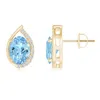 Angara Teardrop Framed Oval Aquamarine Solitaire Stud Earrings In Yellow Gold/swiss Blue