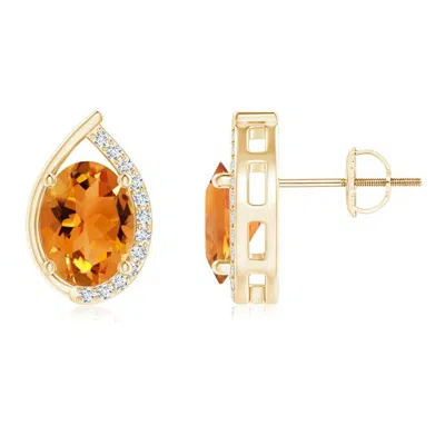 Angara Teardrop Framed Oval Citrine Solitaire Stud Earrings In Gold