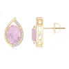 Angara Teardrop Framed Oval Rose Quartz Solitaire Stud Earrings In Yellow Gold/medium Pink