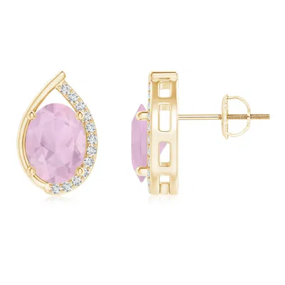 Angara Teardrop Framed Oval Rose Quartz Solitaire Stud Earrings In Gold