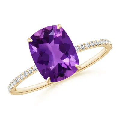 Angara Thin Shank Cushion Cut Amethyst Ring With Diamond Accents In Purple