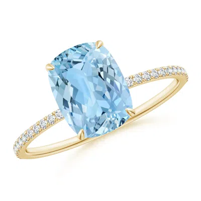 Angara Thin Shank Cushion Cut Aquamarine Engagement Ring With Diamond Accents In Blue