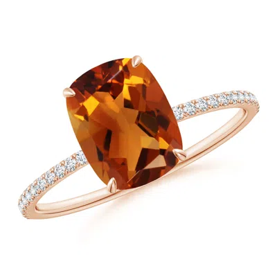 Angara Thin Shank Cushion Cut Citrine Ring With Diamond Accents In Orange