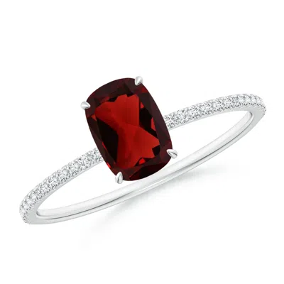 Angara Thin Shank Cushion Cut Garnet Ring With Diamond Accents In Red