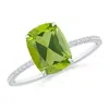 Angara Thin Shank Cushion Cut Peridot Ring With Diamond Accents In White Gold/yellowish Green