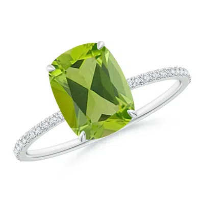 Angara Thin Shank Cushion Cut Peridot Ring With Diamond Accents In Metallic
