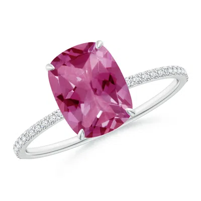 Angara Thin Shank Cushion Cut Pink Tourmaline Ring With Diamond Accents In Metallic
