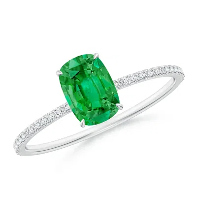 Angara Thin Shank Cushion Emerald Ring With Diamond Accents In Green
