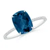 Angara Thin Shank Cushion London Blue Topaz Ring With Diamonds In White Gold/greenish Blue
