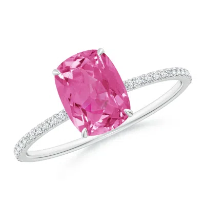 Angara Thin Shank Cushion Pink Sapphire Ring With Diamond Accents In Metallic