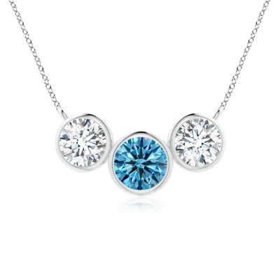 Angara Three Stone Bezel-set Round Lab-grown Fancy Intense Blue And White Diamond Pendant In Metallic