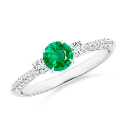 Angara Three Stone Emerald And Diamond Knife-edge Shank Ring In Metallic