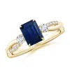 Angara Three Stone Emerald-cut Blue Sapphire & Round Diamond Engagement Ring In Yellow Gold/medium To Rich Blue