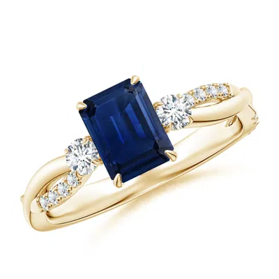 Angara Three Stone Emerald-cut Blue Sapphire & Round Diamond Engagement Ring