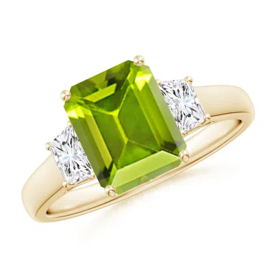 Angara Three Stone Emerald-cut Peridot And Diamond Ring In Yellow