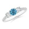 Angara Three Stone Fancy Intense Blue Diamond Cathedral Engagement Ring In White Gold/fancy Intense