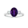 Angara Three Stone Gia Certified Oval Amethyst Reverse Tapered Shank Feather Ring In White Gold/medium Purple