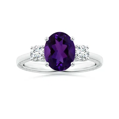 Angara Three Stone Gia Certified Oval Amethyst Reverse Tapered Shank Feather Ring In Purple