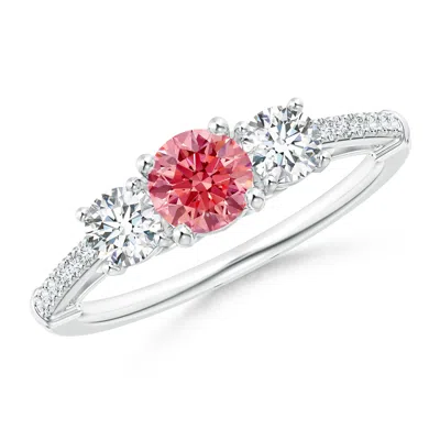 Angara Three Stone Lab-grown Fancy Intense Pink Diamond Cathedral Engagement Ring In Metallic