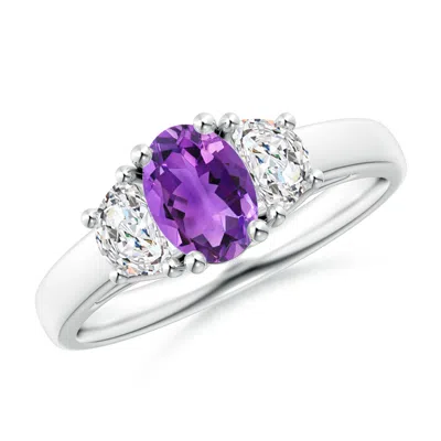 Angara Three Stone Oval Amethyst And Half Moon Diamond Ring In Purple