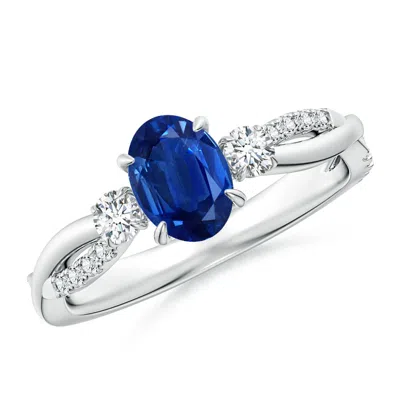 Angara Three Stone Oval Blue Sapphire & Round Diamond Engagement Ring In Metallic
