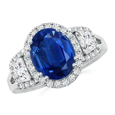 Angara Three Stone Oval Blue Sapphire And Trapezoid Diamond Halo Engagement Ring In Metallic