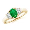 Angara Three Stone Oval Emerald And Half Moon Diamond Ring In Yellow Gold/rich Medium Green