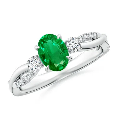 Angara Three Stone Oval Emerald & Round Diamond Engagement Ring In Metallic