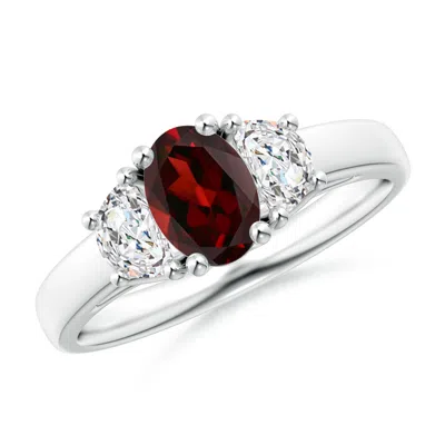 Angara Three Stone Oval Garnet And Half Moon Diamond Ring In Red