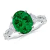 Angara Three Stone Oval Lab-grown Emerald And Trillion Diamond Twisted Shank Engagement Ring In White Gold/rich Green