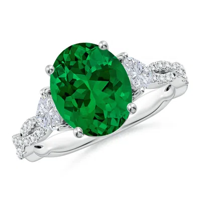 Angara Three Stone Oval Lab-grown Emerald And Trillion Diamond Twisted Shank Engagement Ring In Metallic