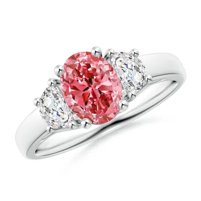 Angara Three Stone Oval Lab-grown Fancy Intense Pink And Half Moon White Diamond Ring In Metallic
