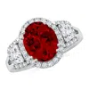 Angara Three Stone Oval Lab-grown Ruby And Trapezoid Diamond Halo Engagement Ring In White Gold/deep Rich Red