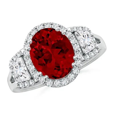 Angara Three Stone Oval Lab-grown Ruby And Trapezoid Diamond Halo Engagement Ring In Red