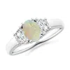 Angara Three Stone Oval Opal And Half Moon Diamond Ring In White Gold/milky With Medium Play Of Colour