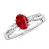 Angara Three Stone Oval Ruby & Round Diamond Engagement Ring In White Gold/medium Red