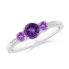 Angara Three Stone Round Amethyst Ring With Diamond Accents In White Gold/dark Purple