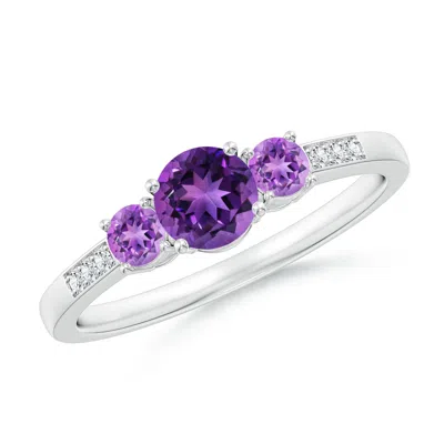 Angara Three Stone Round Amethyst Ring With Diamond Accents In Metallic