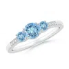 Angara Three Stone Round Aquamarine Ring With Diamond Accents In White Gold/swiss Blue