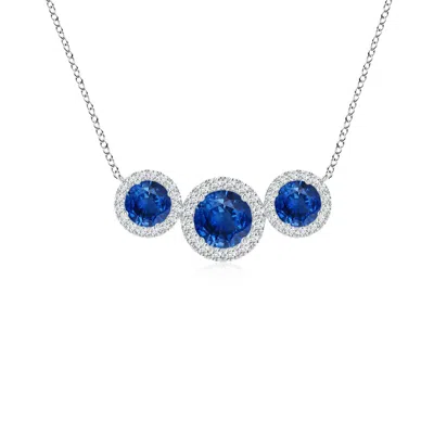 Angara Three Stone Round Blue Sapphire Halo Pendant In Metallic