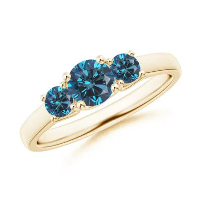 Angara Three Stone Round Enhanced Blue Diamond Engagement Ring In Gold