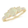 Angara Three Stone Round Opal Ring With Diamond Accents In Yellow Gold/milky With Medium Play Of Colour