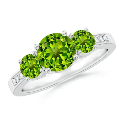 Angara Three Stone Round Peridot Ring With Diamond Accents In Green