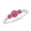 Angara Three Stone Round Pink Sapphire Ring With Diamond Accents In White Gold/medium Pink