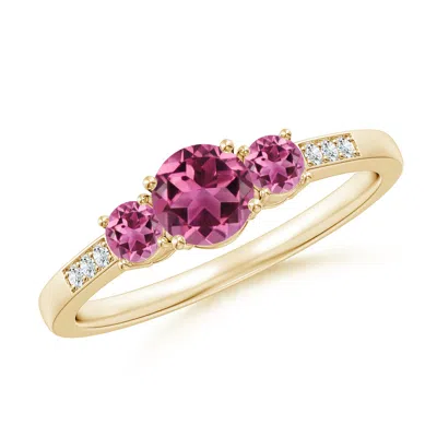 Angara Three Stone Round Pink Tourmaline Ring With Diamond Accents In Gold