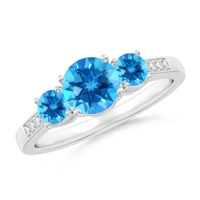 Angara Three Stone Round Swiss Blue Topaz Ring With Diamond Accents